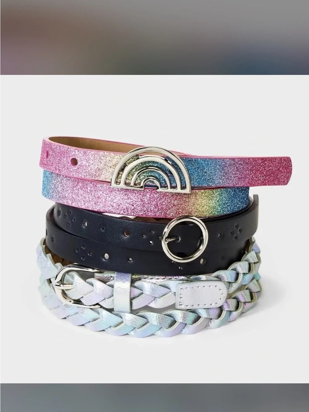 Girls 3-Pack Glitter & Braided Belt Set - Rainbow, Black, White